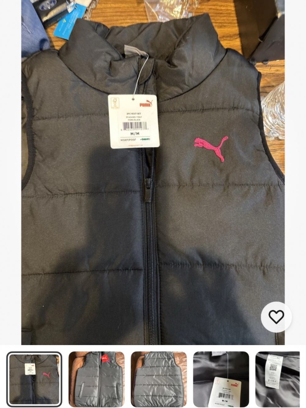 PUMA Men's Black Puffer Vest Size M Full Zip Pockets Stand-Up Collar Logo